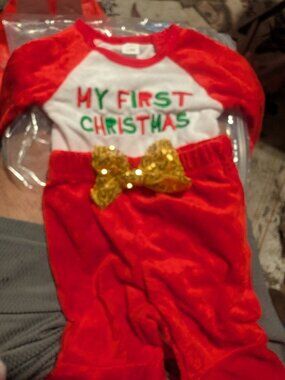 Infant My First Christmas 3 Piece Set 3-6M Plush Embroidered Top Pants Hat Lot